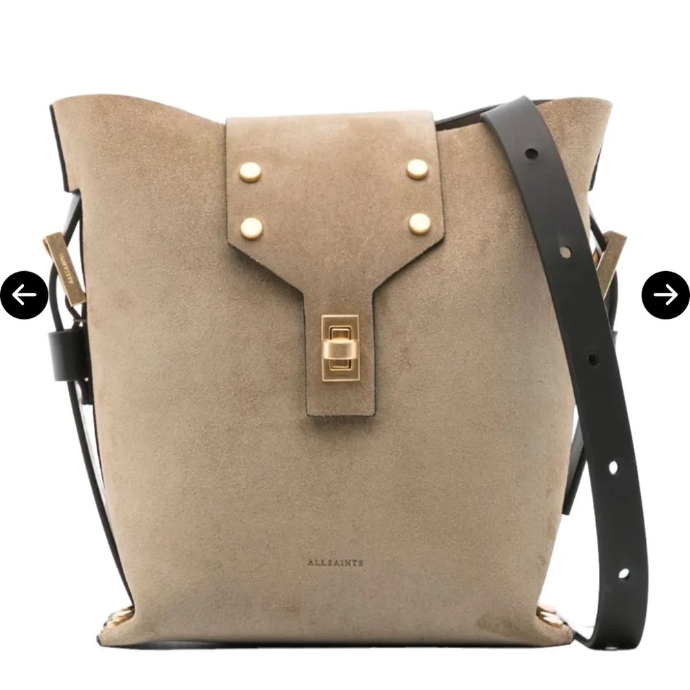 AllSaints Suede Crossbody Bucket Bag in Taupe with Black Strap